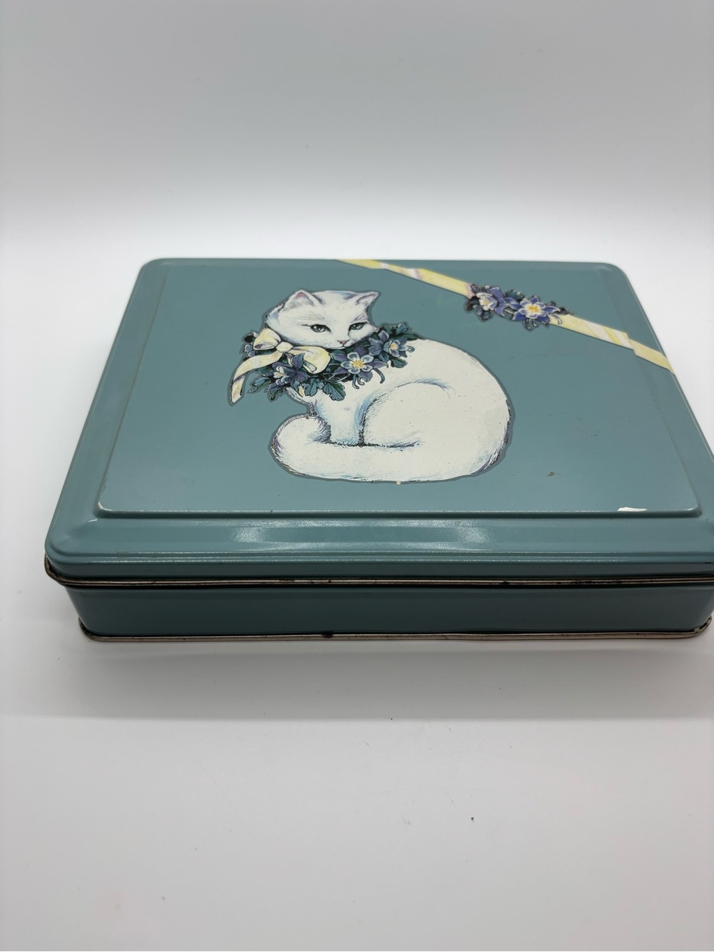 Keller-Charles Blue Rectangular Metal Tin Box With Cat Pattern and Lid